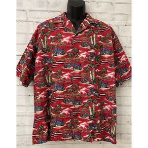 Hilo Hattie Hawaiian Shirt Size‎ XL Red Surf Board Motorcycle Palm Trees USA